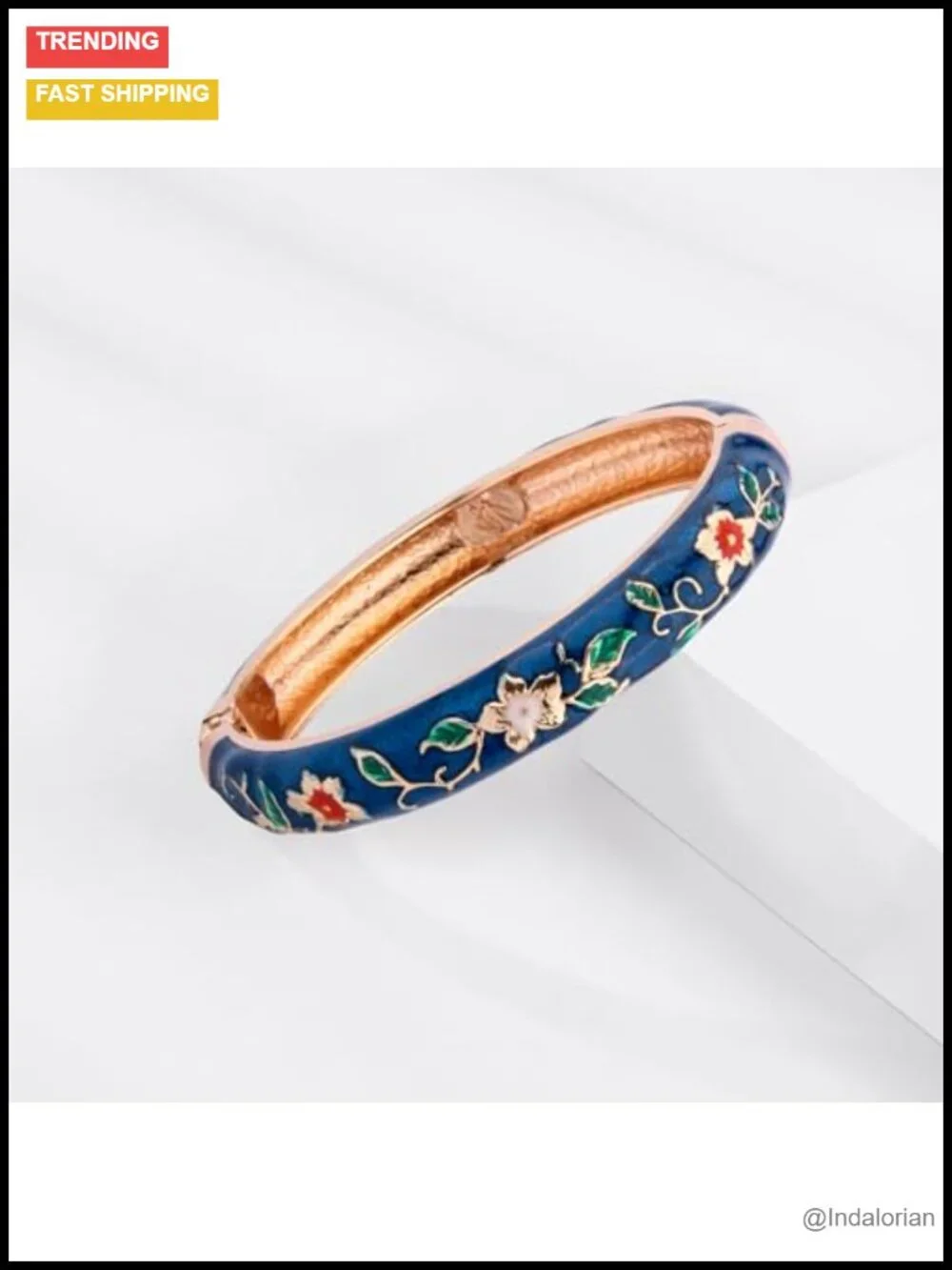 Set of 2 Cloisonne Enamel Bangle Bracelets, Handcrafted Alloy, Spring Hinge